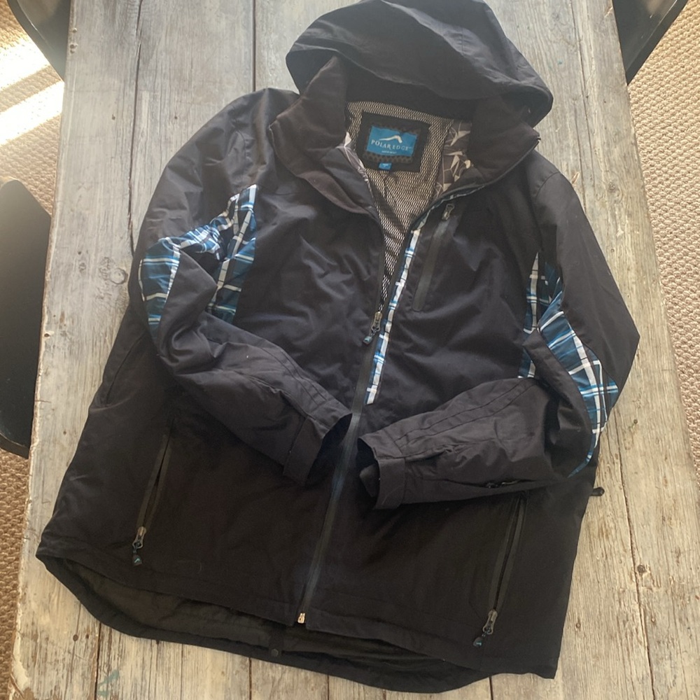 Men’s X large Polar Edge ski jacket, black with teal plaid trim accents🎿🏂⛷️🚡